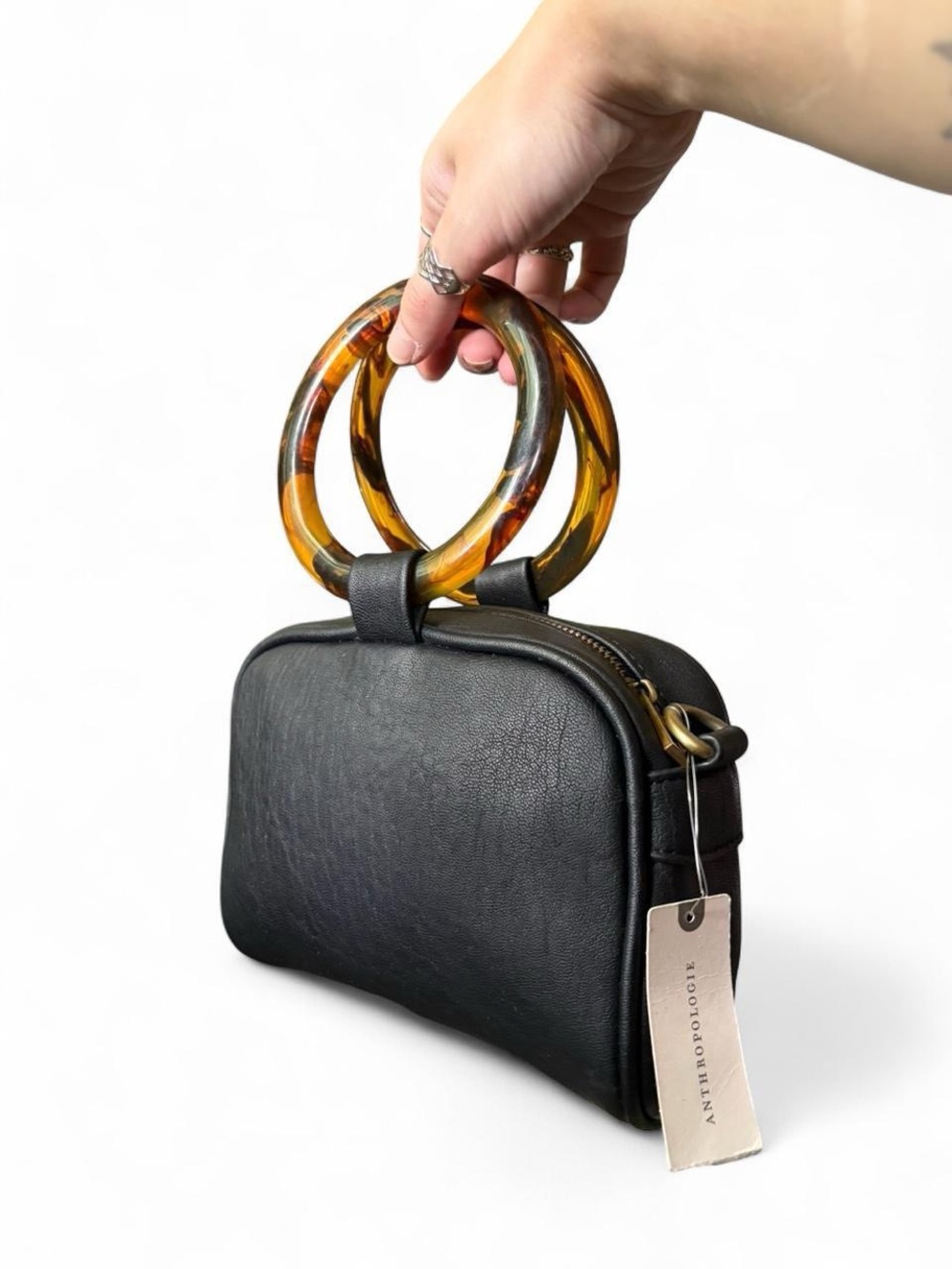 Anthropologie Black Mini Bag with Tortoiseshell Ring Handles